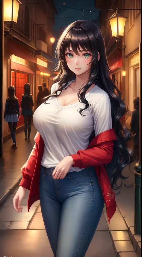 ((((A young woman))), 独奏, the anime, ( Green eyes), (black hair), Nice face, ssmile, the perfect body, Wavy Hair, hairlong, (((morena))), big breastes, ((tmasterpiece, beste-Qualit)), illustartion, ультра детализированная 8k, Photorealistic, sharp-focus, h...