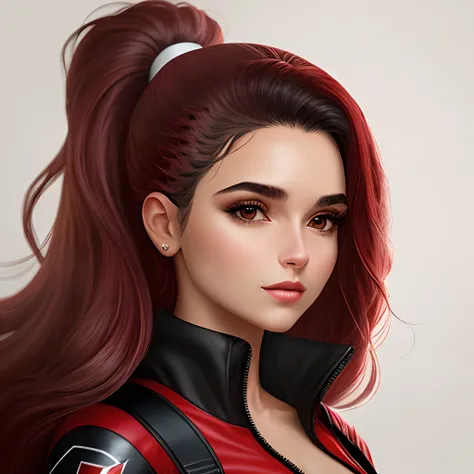 Imagem realista de uma mulher com blaser preto, batom vermelho e cabelo escuro