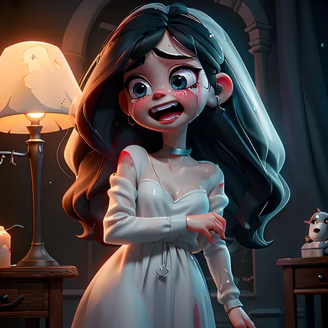 Pale ghost girl (Sarah Hyland) inside a gloomy room with soft light, wearing transparent short white nightgown and body and head fully covered by long transparent shroud, wet black hair, almond-sparkling red eyes, facial expression of sadness, crying while...