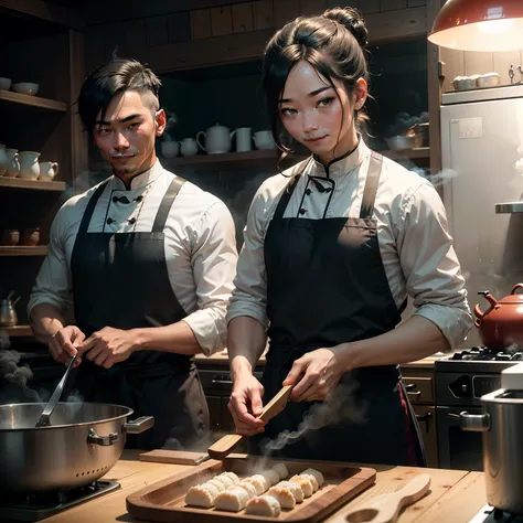 The owner of a steamed bun shop, with an eerie smile (1.3), exudes an unusual and mysterious atmosphere while chopping the meat filling. Standing next to the stove in the kitchen, the bun shop owner is engrossed in chopping the meat filling with a knife, s...