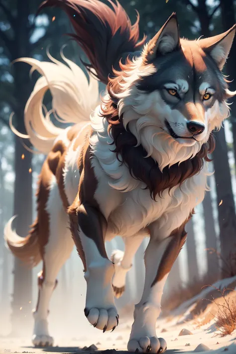 the dense color of the brown-red wool sparkles in the bright sun, giving off a golden hue. The powerful and graceful body of the wolf is distinguished by elegant strength. The outlines of his figure are distinguished by bending muscles, giving him energy a...