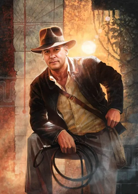 Painting of a man in a hat and jacket sitting in a chair, inspirado por Drew Struzan, arte estilo Drew Struzan, Indiana Jones, drew struzan inspiration, Artwork by Drew Struzan, Martin Ansin, Retrato da obra, Directed by: Drew Struzan, Harrison Ford, India...