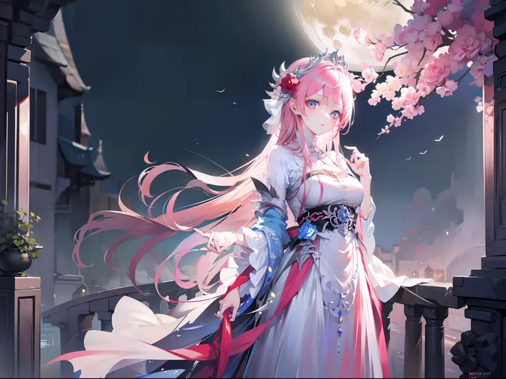 The Maiden and the Rose，Stand on a bridge in the moonlight，best qualtiy，Beautiful facial features，Rich expressions，Fingers of detail，4K high resolution。