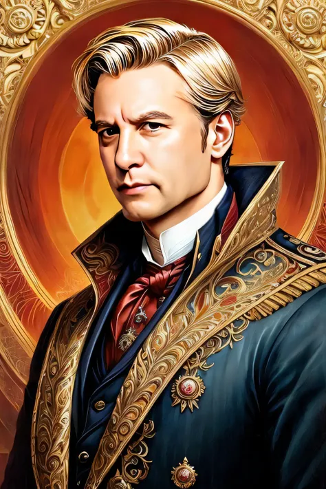 a painting of a man in a suit and tie with a golden halo, Martin Ansin, Retrato da obra, MiChael Cavalo (Motor irreal, Martin then, Constantino, Mark Brooks detalhou, j. C. LeyendeCker 8 K, portrait of magical blond prince, awesome art, Retrato de um duque...