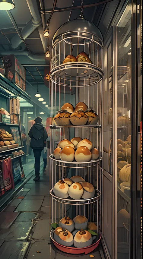 In a dimly lit shop on the side of the street, there are cages of buns on display