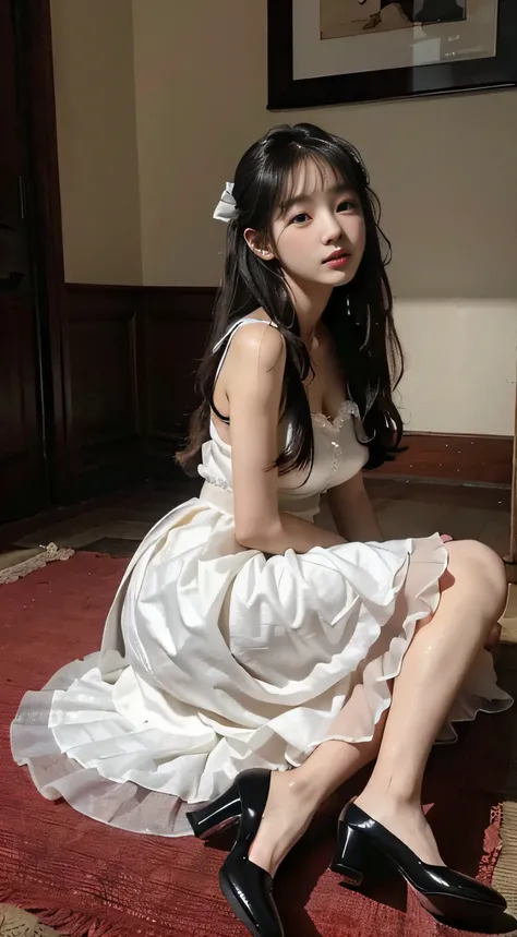 Master quality, highest quality, best picture quality, exaggerated details, goddess of moonlight cute 8 year old asian little girl with a shy expression, slightly squinted eyes, adjusting her hair, long eyelashes, (hyperrealistic schoolgirl), (dressed as s...