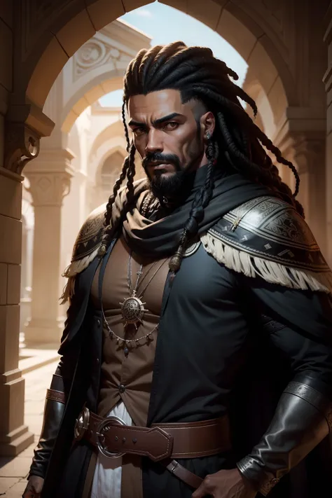 personagem masculino de RPG, negro, cicatriz no olho esquerdo, usando dread