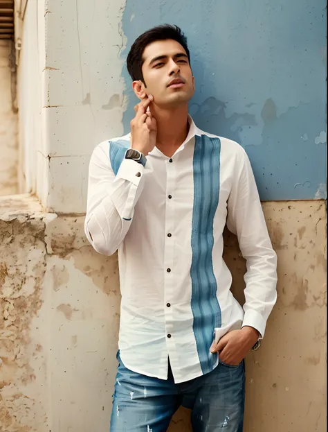 arafed man in white shirt and blue jeans leaning against a wall, wearing in shirt, wearing stripe shirt, wearing white shirt, full body photogenic shot, inspired by Saurabh Jethani, stylish pose, white wrinkled shirt, mohamed chahin style, candid picture, ...