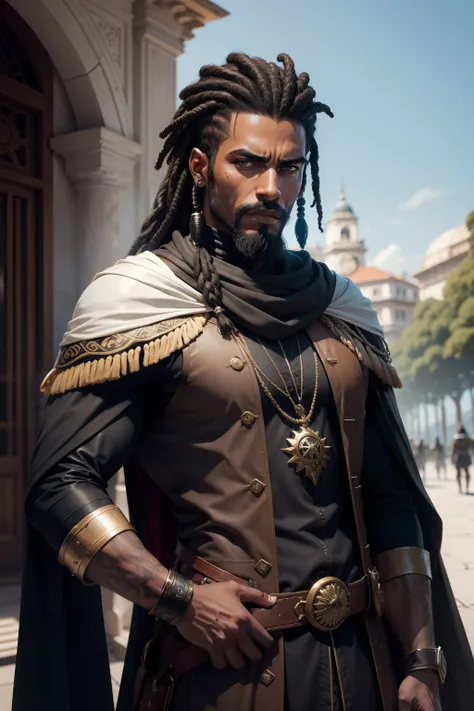 personagem masculino de RPG, negro, cicatriz no olho esquerdo, usando dread