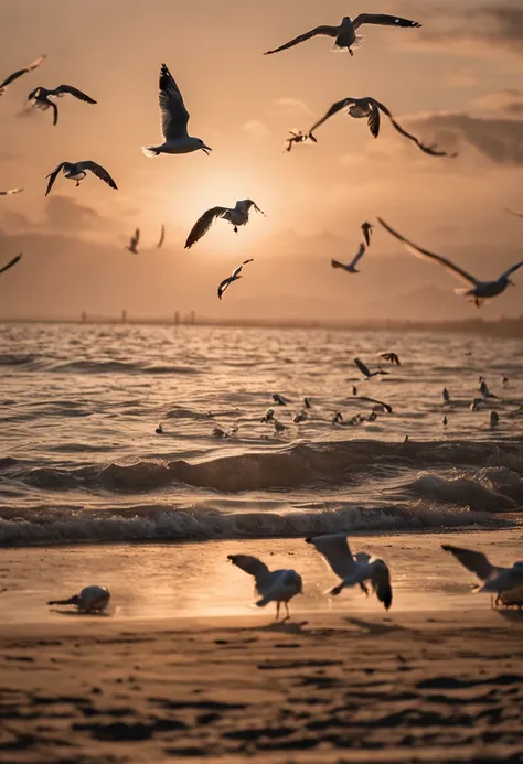 seagulls flying on the beach in the late afternoon