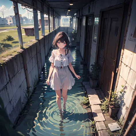 1girl,best qualtiy，8K the perfect face，Walk on the water near the abandoned building ，Storytelling images，