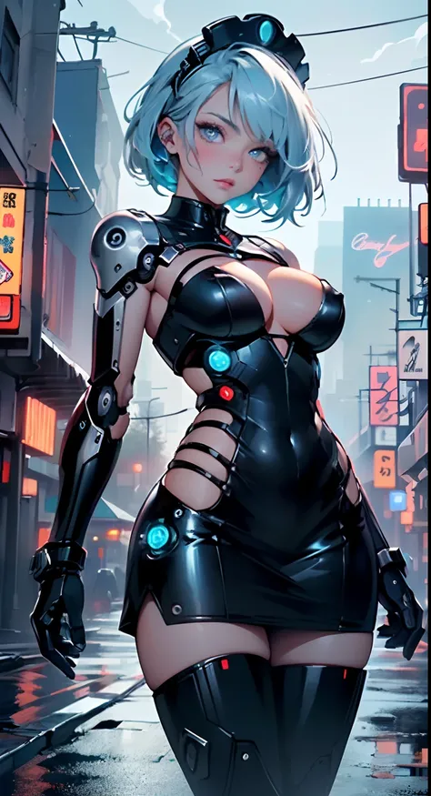 reelmech,cyborg girl,(cyborg girl:1.5),
maid android,(((1girl))),((anime mechanical robot girl with extremely cute and beautiful pale blue hair hair walking seductively down the street)),

(large breasts:1.4),saggy breasts,(((pale blue bob hair:1.35,colore...