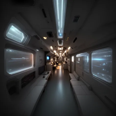 There is a long corridor，Sofa and TV, detailed spaceship interior, inside a space ship, inside a space ship, sci - fi interior, space station interior, inside a space ship, sci fi engine room living room, high tech space ship interior, interior of an alien...