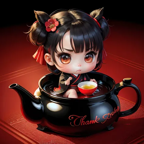 Cute baby chibi anime, black and red kimono, sit in the teapot thank you note