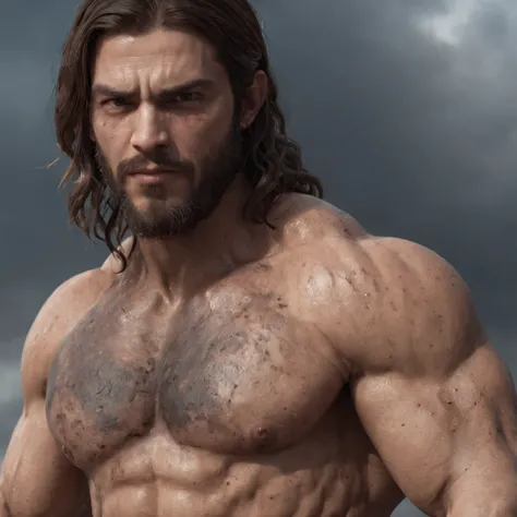 (Professional 3D rendering:1.3) de (Realistic:1.3) Foto de arte mais bonita do mundo，Features soft, bright male heroes, ((Epic hero fantasy rough muscular man wet hero angry look long hair short beard and fierce expression in dynamic pose, fantastic locati...