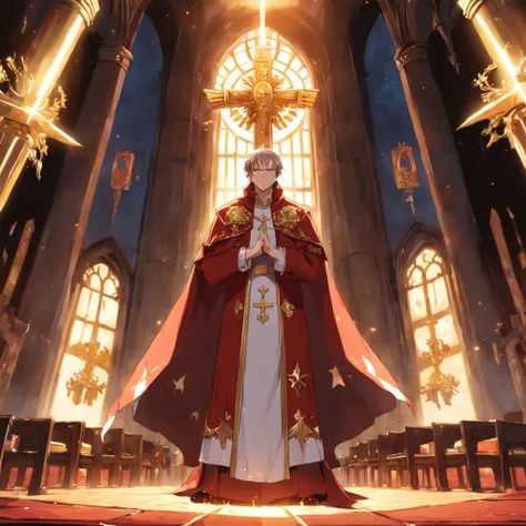 Anime style, um homem velho, of medium height, usando o anto e coroa do patriarca da igreja ortodoxa russa, behind him the shining altar with gold insignia.