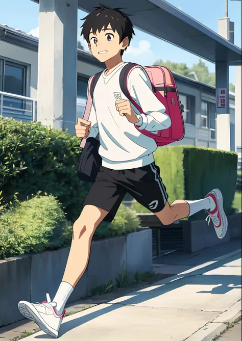 Only one boy was carrying a school bag，White top with black shorts。25 age old。Wear pink running shoes and white long-sleeved socks。soio。The art style is anime。The man is very handsome