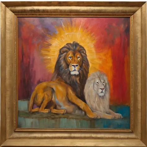 A lion with an imperial crown kneeling before Jesus, com maria ao lado de jesus