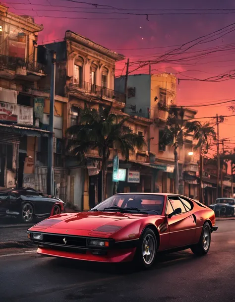 um carro ferrari anos 80 em uma cidade a noite, lua cheia iluminada ::n_style drawing, Low quality imperfection, doll, game, anime, texto, assinatura