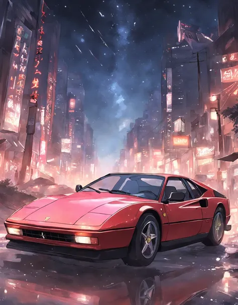 um carro ferrari anos 80 em uma cidade a noite, lua cheia iluminada ::n_style drawing, Low quality imperfection, doll, game, anime, texto, assinatura