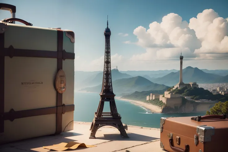 Imagine uma mala de couro vintage desgastada, aberto e com bordas levemente desgastadas com o tempo e uso. On the surface of the suitcase, There are faded colored stickers representing different destinations around the world: a Torre Eiffel de Paris, the N...