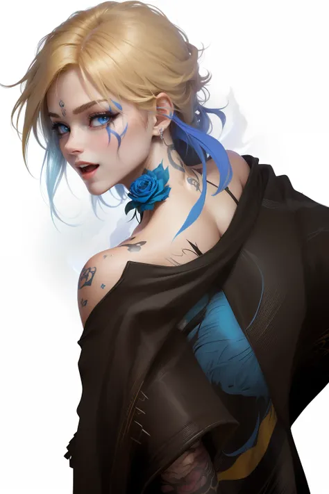 (retouch light on face with man anime style 2d), (retouch jacket with 2d style), (retouch shading hair with yellow color on the top and blue at the down) (water on top with a fire) (dark vibes) (blue eyes) (red eyelash ) (blue rose tattoos in side left nec...