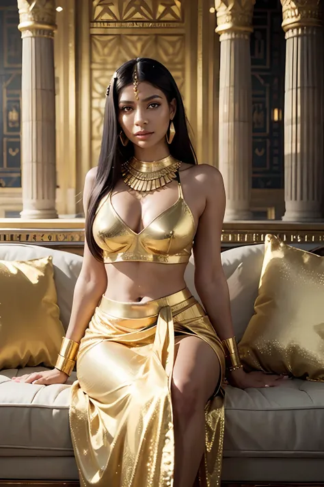 cleopatra, egyptian queen, pea green eyes, glowing eyes, resting on a cushion, golden dress, glowing dress, egyptian palace, golden ornaments, look of pride, lower point of view, lens flares, raytracing reflexes, iridiscente reflexes, glossy diamond earrin...