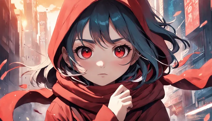 a poster of a cute girl with a red scarf, good hands, ultra realistic details, arcane art style, inspired by NEVERCREW, hypervivid intense mcbess, inspired by Tim Biskup, digital illustration, by Justin Gerard,