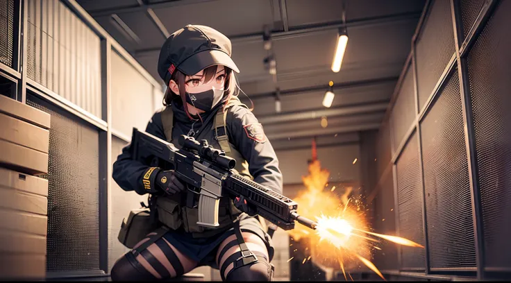 battle girl, aiming, muzzle flash, assault rifle, in warehouse, cinematic action, high quality, hyper detail