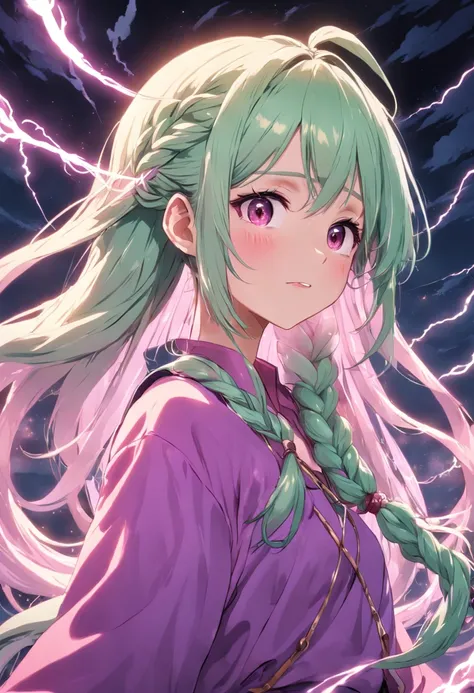 A girl with pale green, long hair tied into loose braid, wearing pink, purple clothes. Shes using lightning magic. Singer, happy