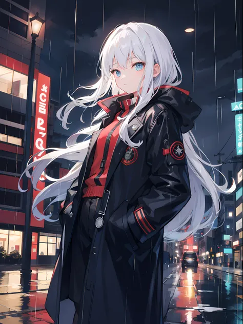 1girl,night city,rain,coat,hands in pockets