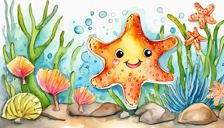 There is a small starfish cartoon character swimming among the coral，bright eyes  and smiling, happy and curious, coral reef，colorful algae，Have fun，cartoon book style style，shine and clear day , shalow waters, flat color，perfect quality，sharp focus（Disord...