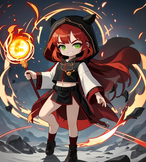 ,8K, 4K,A high resolution, Best quality, Masterpiece,1girll, Fire, fightingpose, Solo, Red hair, Green eyes, Smile, Boots, Holding, Hood, standing on one leg, full bodyesbian, holding staff, Hood up, tchibi, standing, brownfootwear, view the viewer, Long h...