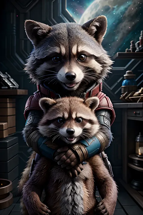 a painting of a rocket raccoon holding a player, (highres, best quality:1.2), radiance, soft contours, beautiful drawing, concept art, detailed background, unreal engine, cozy indoor lighting, artstation, detailed, digital painting, cinematic, character de...