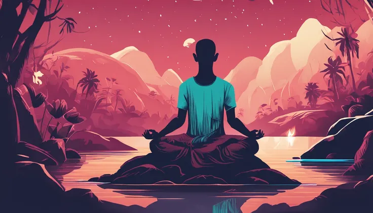 There is a man sitting in a lotus position in front of a campfire, Meditando, meditation, 🚀🚀🚀, monge meditar, meditation pose, meditating pose, hindu stages of meditation, Meditativo, estoico e calmo, arte de fundo, Chillhop, lotus pose, serene illustratio...