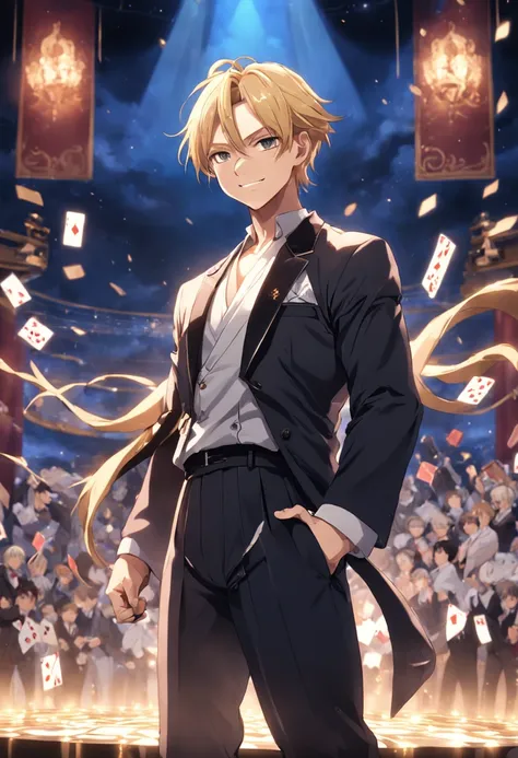 (masterpiece, best quality) A male with blond hair tied into a ponytail, standing on the stage and doing his performance with cards. Mysterious smile