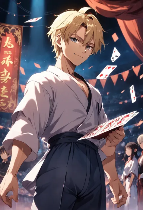 (masterpiece, best quality) A male with blond hair tied into a ponytail, standing on the stage and doing his performance with cards. Mysterious smile