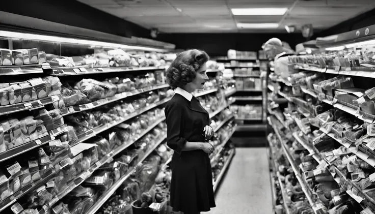 A realistic black and white photo of Elizabeth Short, aka Black Dhalia, in a store buying red flowers.