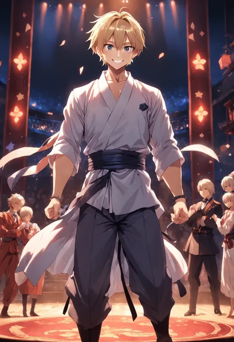 (masterpiece, best quality) A male with blond hair tied into a ponytail, standing on the stage and doing his performance with cards. Mysterious smile