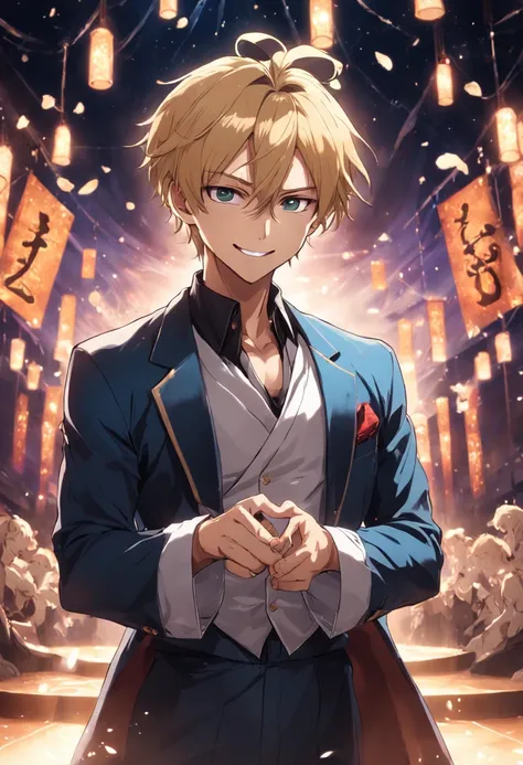 (masterpiece, best quality) A male with blond hair tied into a ponytail, standing on the stage and doing his performance with cards. Mysterious smile