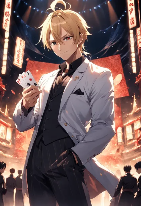 (masterpiece, best quality) A male with blond hair tied into a ponytail, standing on the stage and doing his performance with cards. Mysterious smile