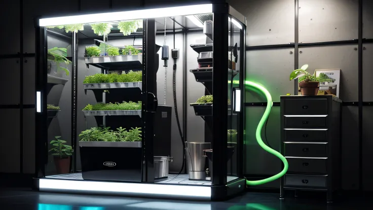 futuristic hydroponic Indoor weed ((grow box)) cabinet on a ((industrial warehouse)), grow cabinet with a touch screen and a separate (air filtering) hose system at its right, grow cabinet with (plants) inside, hydroponic grow cabinet, 6 trays shelf, indoo...