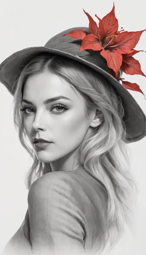 [Em uma folha de caderno de desenho com linhas azuis, A beautiful and intriguing woman looks at the viewer with a faint smile on her lips. Ela tem cabelos longos e escuros, que caem sobre os seus ombros. She wears a black hat adorned with red flowers, yell...