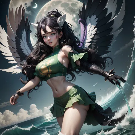 tmasterpiece, beste-Qualit), 1lady, 独奏,, nimbus, wings, Battle Mage, black  hair, Free waves,green colored eyes, big breastes, mini skirt,T-shirt themes ,A full body girl .A water tornado is visible in the background,There is a green moon in the sky ,