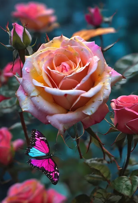 ((beautiful rose with delicate petals and colorful butterfly)|(lovely rose adorned with vibrant butterfly))