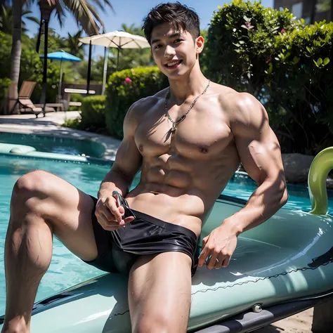 Realistic, (masterpiece, top quality, best quality, official art), very detailed, colorful, most detailed, god, short hair, black hair, handsome man, sea, necklace, beach, pectorals, abs, brown skin, blue eyes, handsome smile, wetsuit, muscular, ((wide sho...