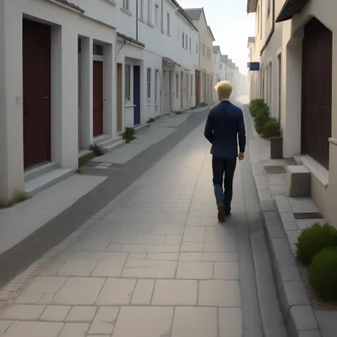 Man, blond, white shirt, sad looking, walking by a street made of white small house. The pavement is blocks of rocks.