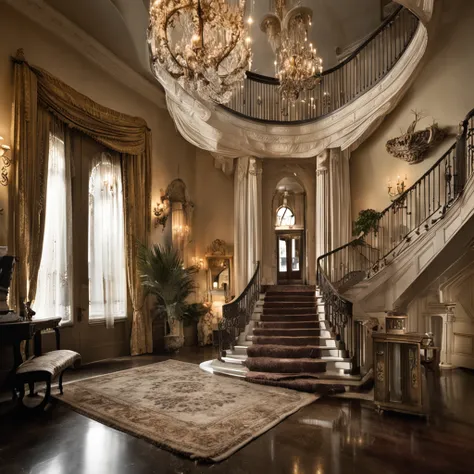 Create an awe-inspiring image of a grand foyer with a wide panel entrance. ((In the center, a majestic staircase leads upwards)), with one branch to the right and another to the left, merging gracefully at the second-floor landing. Above, a magnificent, in...