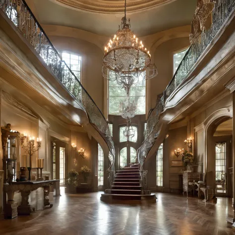 Create an awe-inspiring image of a grand foyer with a wide panel entrance. ((In the center, a majestic staircase leads upwards)), with one branch to the right and another to the left, merging gracefully at the second-floor landing. Above, a magnificent, in...