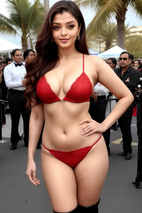 Aishwarya Rai Bachchan in cannes red carpet, micro mini leather bikini, milf body, milf body show exposing, no bindi, thigh high boots, bending and showing massive cleavage, giving seductive pose for photographers, navel out, breasts visible show, 90% brea...